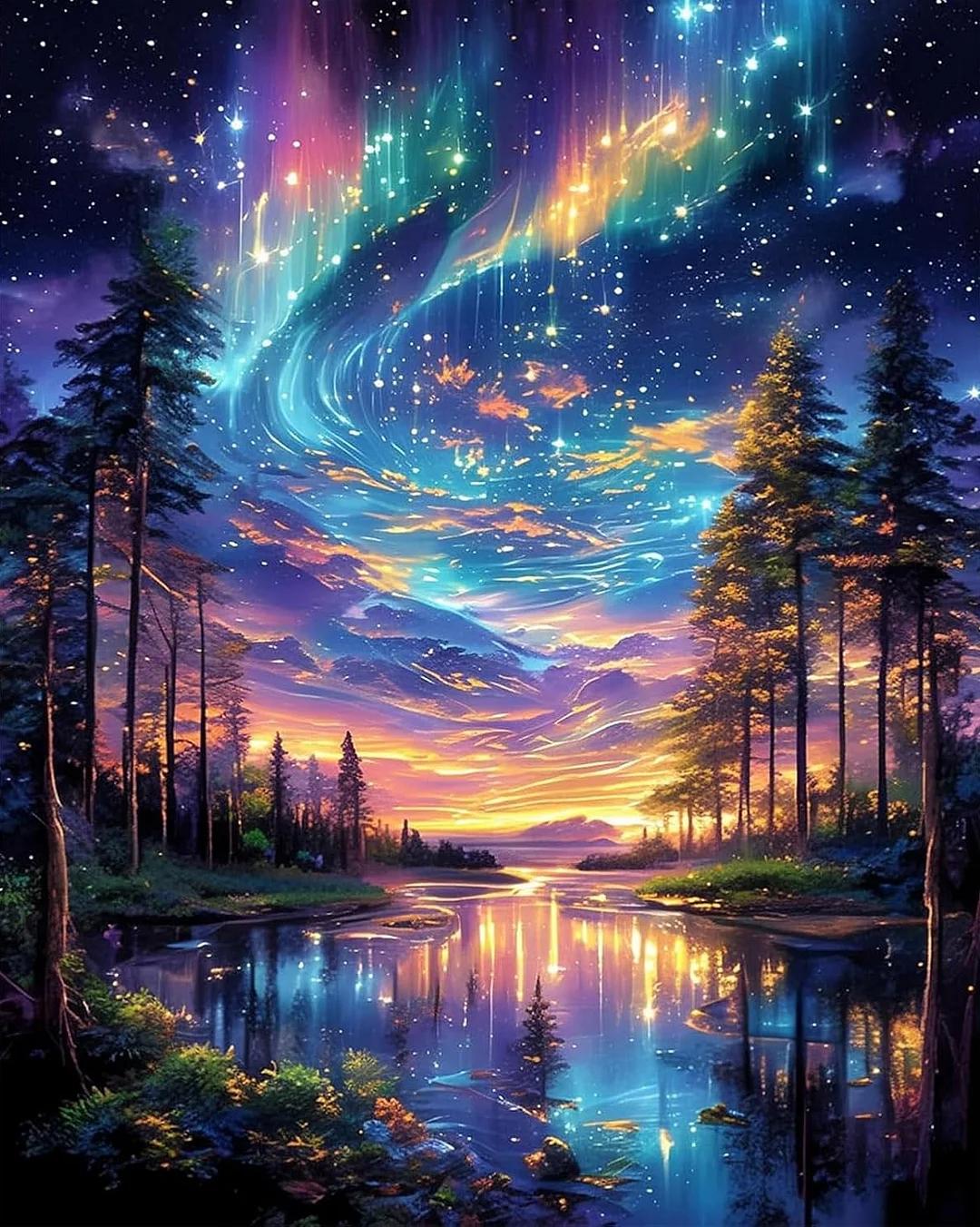 DIY Diamond Painting Kits - Fantasy Aurora Forest Scenery